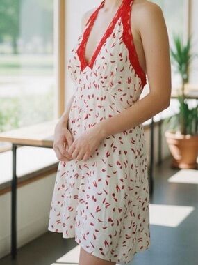 Wild Fable Red Trim White & Red Chili Print Halter Chemise Dress Size Small NWT